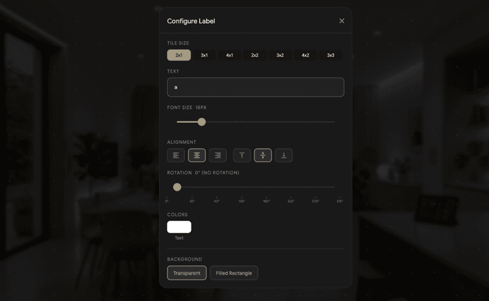 Configure Label dialog — size, alignment, rotation, colors