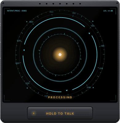 Voice tile — INTENT.PROC processing state with cyan HUD