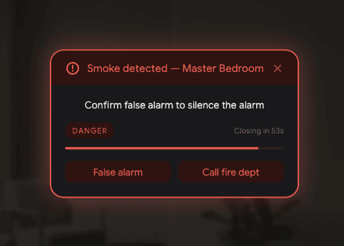 Acknowledgement prompt — Smoke detected, Master Bedroom — False alarm / Call fire dept